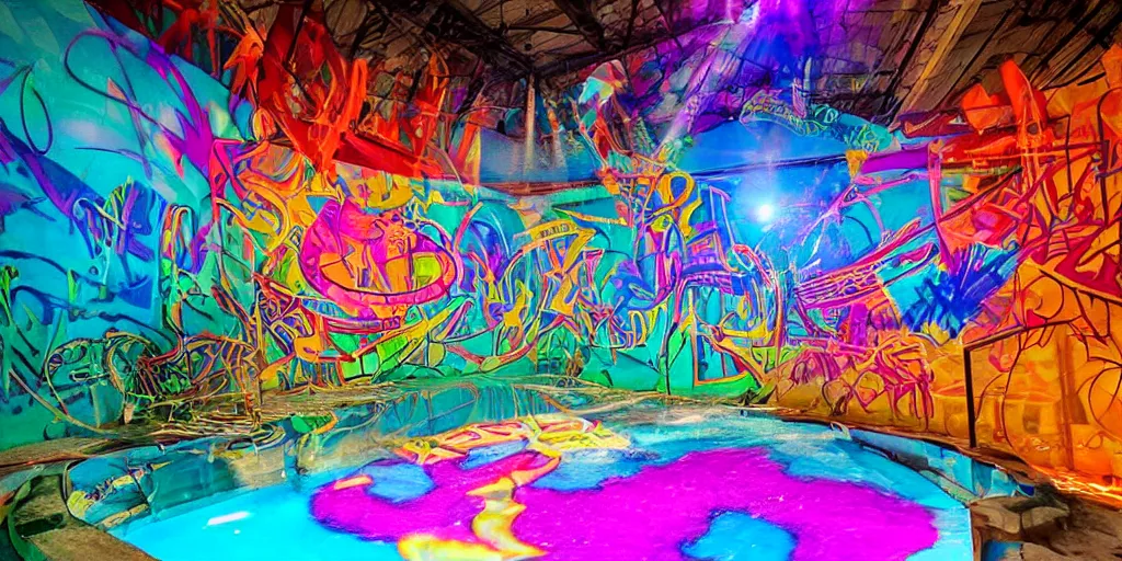 Image similar to backflip into a pool caustics lighting impressive colorful masterpiece graffiti