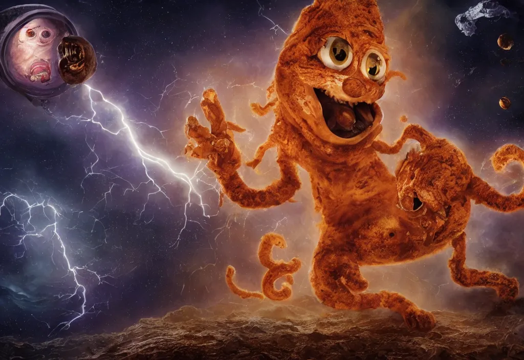 Image similar to eldritch horror bloody garfield in space, hd, 8 k, giant, epic, realistic photo, unreal engine, stars, prophecy, powerful, cinematic lighting, destroyed planet, debris, violent, sinister, ray tracing, dynamic, epic composition, dark, horrific, teeth, grotesque, monochrome drawing, hellscape, death, corpses, foreboding, lightning