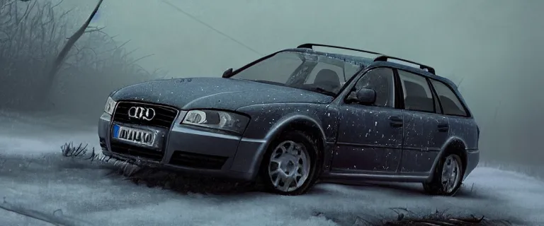 Image similar to Audi A4 B6 Avant (2002), a gritty neo-noir, dramatic lighting, cinematic, eerie person, death, homicide, homicide in the snow, viscera splattered, gunshots, bullet holes, establishing shot, extremely high detail, cracked windows, photorealistic, arson, cinematic lighting, artstation, by simon stalenhag, Max Payne (PC) (2001) winter New York at night, In the style of Max Payne 1 graphic novel, flashing lights, Poets of the Fall - Late Goodbye