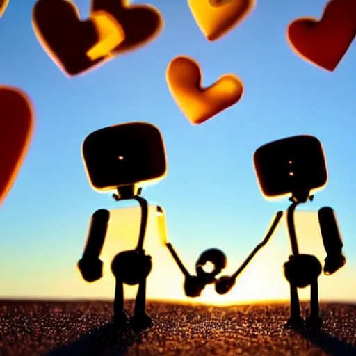 Image similar to cute tiny robots holding hands taking a stroll on the beach golden hour with lots of cute hearts floating in the air at sunset