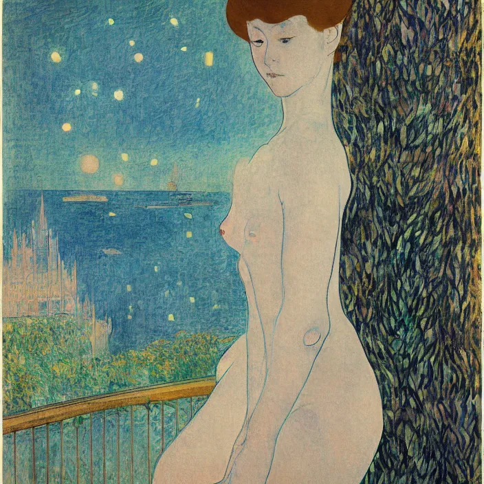 Image similar to sad woman and white cat with city with gothic cathedral and tall trees seen from a window frame with curtains. night with glowing stars with fireflies. mikalojus konstantinas ciurlionis, henri de toulouse - lautrec, utamaro, matisse, monet