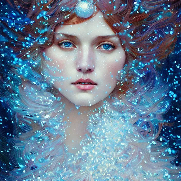 Image similar to psychedelic snowfall Spirit of Christmas, diffuse lighting, fantasy, intricate, elegant, highly detailed, lifelike, photorealistic, digital painting, artstation, illustration, concept art, smooth, sharp focus, art by John Collier and Albert Aublet and Krenz Cushart and Artem Demura and Alphonse Mucha