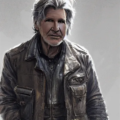 Image similar to a highly detailed epic cinematic concept art CG render digital painting artwork costume design: Harrison Ford/Ryan Gosling, old scars, long hair, grizzled, tired and drunk, in an old 1950s leather jacket. By Greg Rutkowski, Ilya Kuvshinov, WLOP, Stanley Artgerm Lau, Ruan Jia and Fenghua Zhong, trending on ArtStation, made in Maya, Blender and Photoshop, octane render, excellent composition, cinematic atmosphere, dynamic dramatic cinematic lighting, aesthetic, very inspirational, arthouse