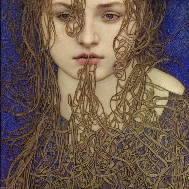 Image similar to detailed realistic beautiful young medieval queen face portrait by jean delville, alphonse mucha, vincent van gogh, and marco mazzoni, art nouveau, symbolist, visionary, gothic, pre - raphaelite