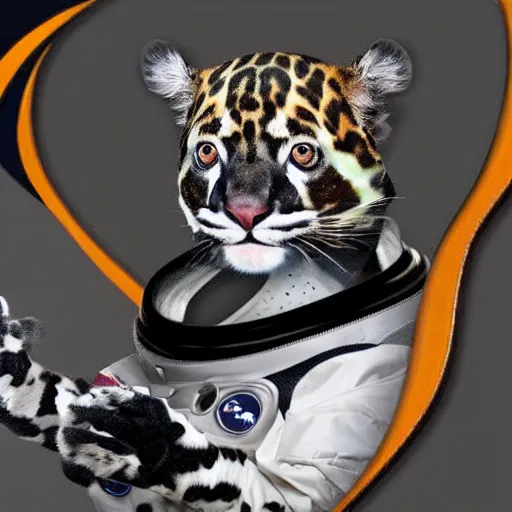 Image similar to anthropomorphic clouded leopard wearing a space suit, slight downward angle