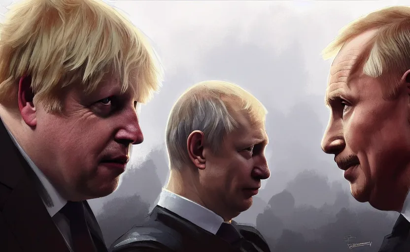 Image similar to Boris Johnson vs Vladimir Putin, face to face staring, civil war style, highly detailed, digital painting, artstation, concept art, smooth, sharp focus, illustration, cinematic lighting, art by artgerm and greg rutkowski and alphonse mucha