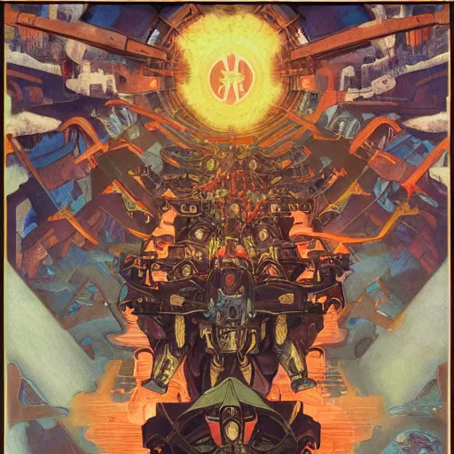 Image similar to beautifully colored detailed religious painting of occultist scientists summoning extradimensional gundam, occult giant robot power armor etched with glowing magical runes by m. c. escher, beeple, greg rutkowski and alphonse mucha. 8 k hd resolution