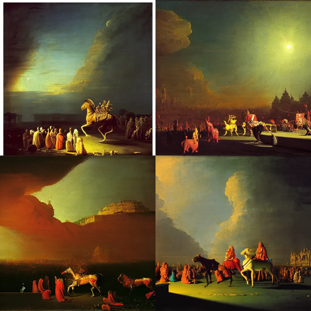 Prompt: the epic scene from Hindu heaven, by Canaletto, by George Stubbs, by Paul Lehr, masterpiece, oil on canvas, trending on artstation, top on pixiv, cinematic composition, dramatic scene, beautiful lighting, sharp, high details, astrophotography, no frames, 8K
