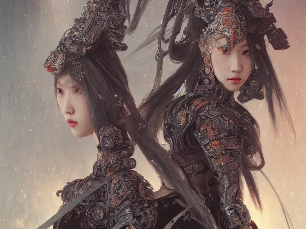 Prompt: portrait jisoo blackpink, grey hair armored samurai clothes, in fire japanese temple wet night, ssci - fi and fantasy, intricate and very very beautiful and elegant, highly detailed, digital painting, artstation, concept art, smooth and sharp focus, illustration, art by tian zi and wlop and alphonse mucha