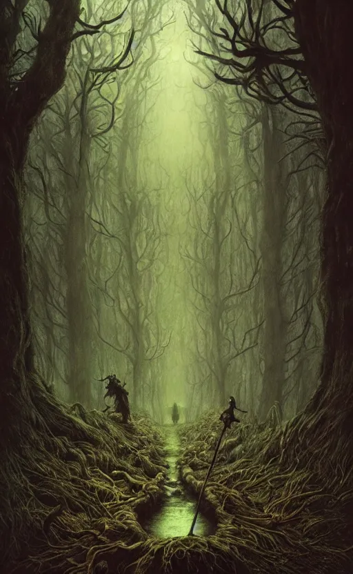 Prompt: a witch in an ominous forest, cinematic lighting, at night, highly detailed, symmetric, concept art, masterpiece, fantasy art, hyperdetailed, hyperrealism, saturated colors, art by zdzistaw beksinski, arthur rackham, dariusz zawadzki, larry elmore