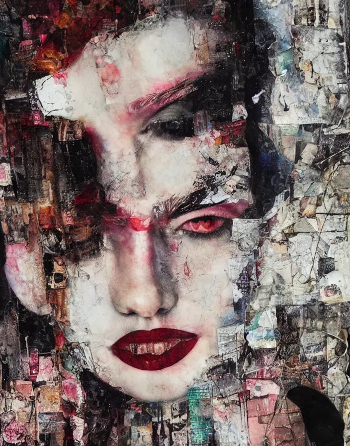 Prompt: fallen young girl detailed analogue mixed media collage with canvas texture in style of contemporary art, punk art, hyperrealistic beautiful face, photorealistic, expressionism, masterpiece, perfect composition, spectacular quality, intricate oil details