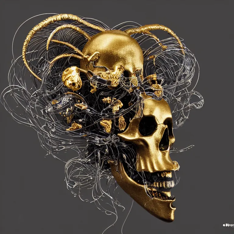 Image similar to black background. absolutely symmetrical sculpture. centered. goddess princess face close-up portrait ram skull. sculpture made of gold and black charcoal. jellyfish phoenix head, nautilus, orchid, skull, betta fish, bioluminiscent creatures, intricate artwork by Tooth Wu and wlop and beeple. octane render, trending on artstation, greg rutkowski very coherent symmetrical artwork. cinematic, hyper realism, high detail, octane render, 8k