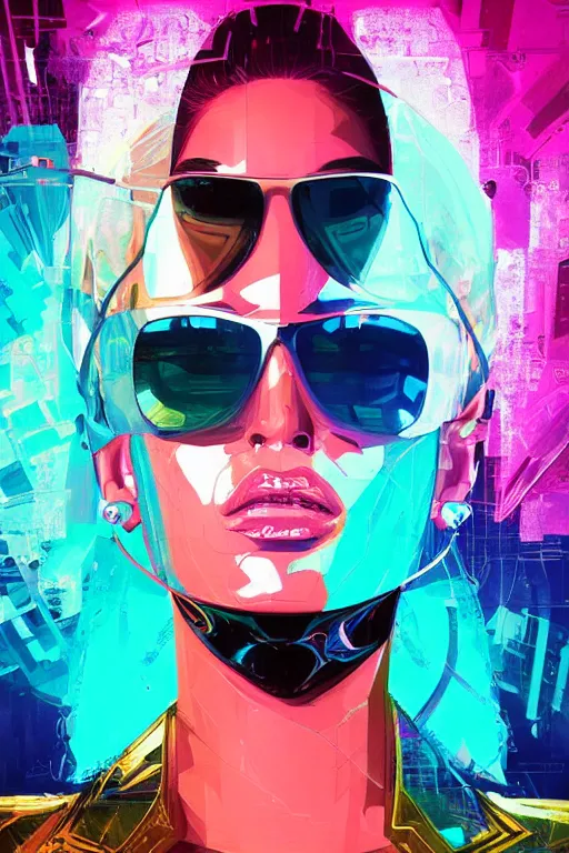 Image similar to portrait, digital painting, an beautiful, crazy hacker girl, lost in code, synthwave, glitch!!, fractured reality, mirrored stainless steel slabs, realistic, hyperdetailed, golden hour, concept art, art by syd mead