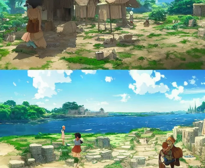 Image similar to A Mesopotamian village on the coast, peaceful and serene, incredible perspective, soft lighting, anime scenery by Makoto Shinkai and studio ghibli, very detailed