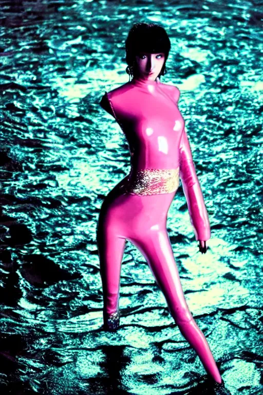 Prompt: Beautiful Sergey Piskunov style seinen manga Fashion photography portrait tokyo(1980) movie still from space opera dance scene of mannequin, wearing refracting rainbow diffusion wet plastic Balenciaga designed specular highlights anti-g jump suit, half submerged in heavy nighttime floods, water to waste, , épaule devant pose;pursed mouth; mercury white;,pixie hair,;oversized emerald eyes;eye contact;,petite nose; by Nabbteeri, ultra realistic, Panavision Panaflex X , Technicolor, 8K, 35mm lens, three point perspective, tils shift mirror kaleidoscope Quercus background, chiaroscuro, highly detailed, by moma, by Nabbteeri