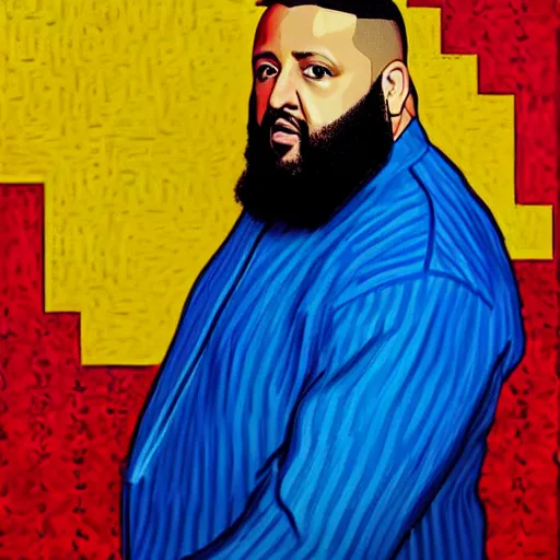 Image similar to ultra realistic portrait of dj khaled in a studio, ultra detailed, under blue, red and yellow cinematic lighting, by van gogh, cartoon, monument valley, escher