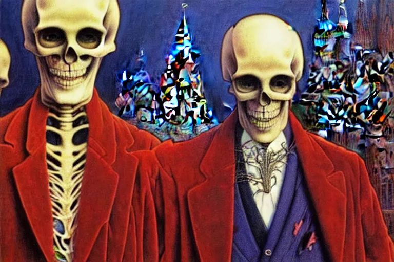 Prompt: realistic detailed closeup portrait painting of a single skeleton wearing red velvet blazer in a crowded futuristic moscow street by jean delville, amano, yves tanguy, alphonse mucha, ernst haeckel, edward robert hughes, roger dean, rich moody colours, blue eyes