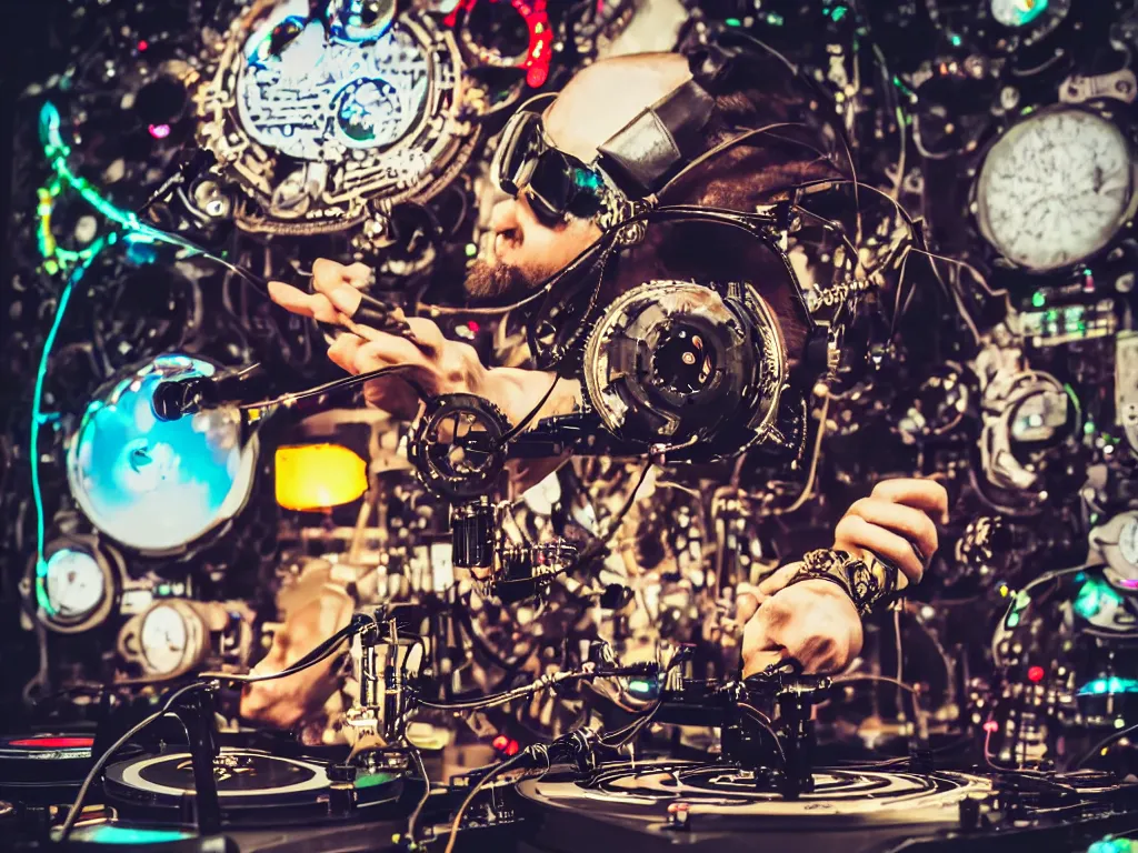 Image similar to a person wearing goggles and visor and headphones using a steampunk record player contraption, wires and tubes, turntablism dj scratching, intricate planetary gears, cinematic, imax, sharp focus, leds, bokeh, iridescent, black light, fog machine, hazy, lasers, hyper color digital art, cyberpunk