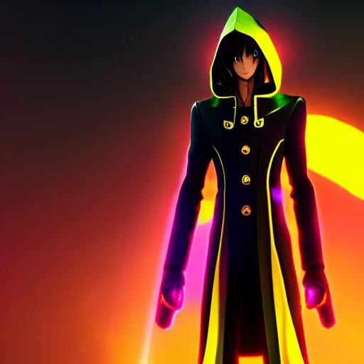 Image similar to Lelouch Lamperouge in a neon city, octane render 8k, atmospheric render, myserious man, professional render, volumetric light, artstation, redshift render, low angle camera, eccentric anime smile, Lelouch in a hood