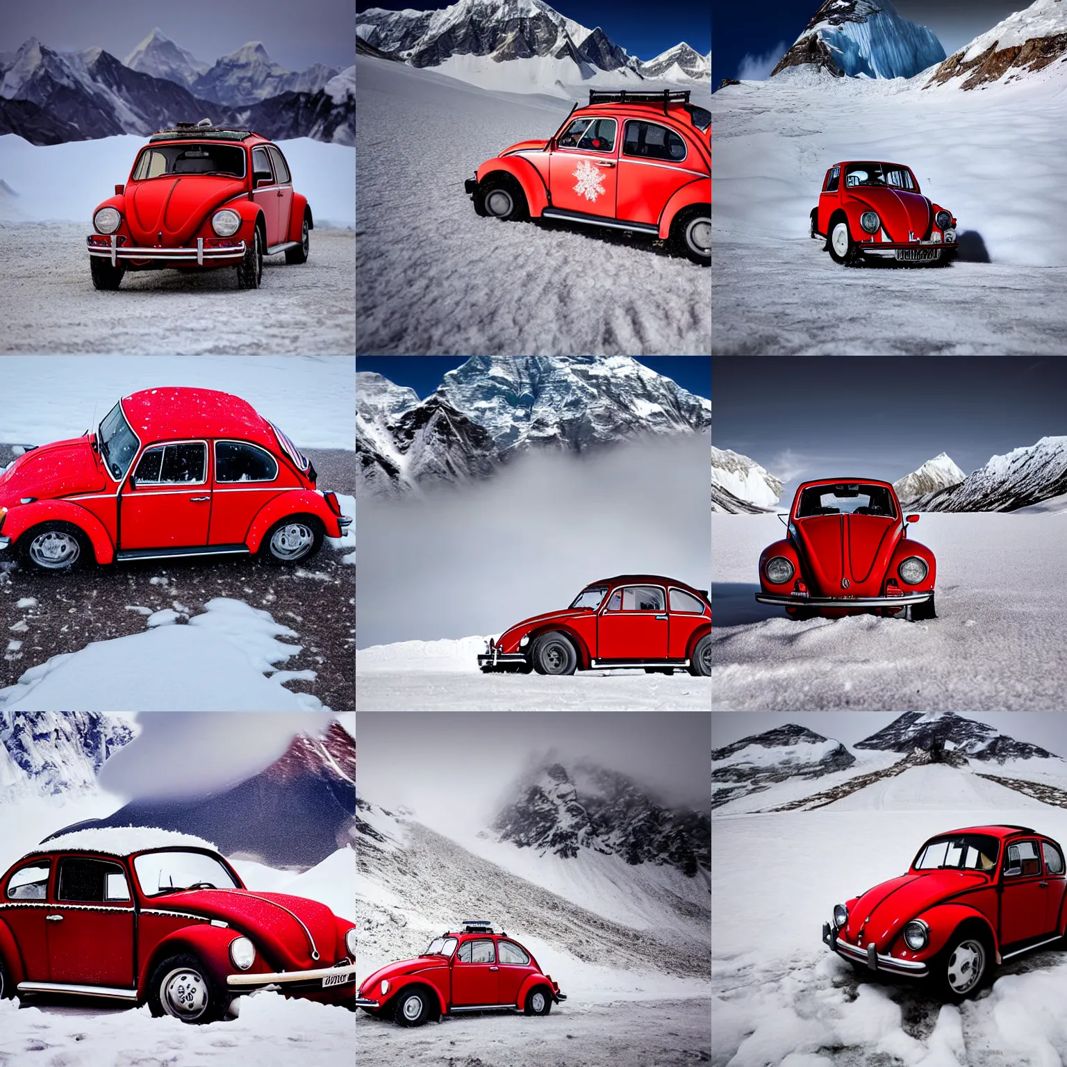 Prompt: extreme long shot of a snowy red 1970 vw beetle standing on mount everest, award winning photo, snow, high detail, desolate, atmospheric, 8k