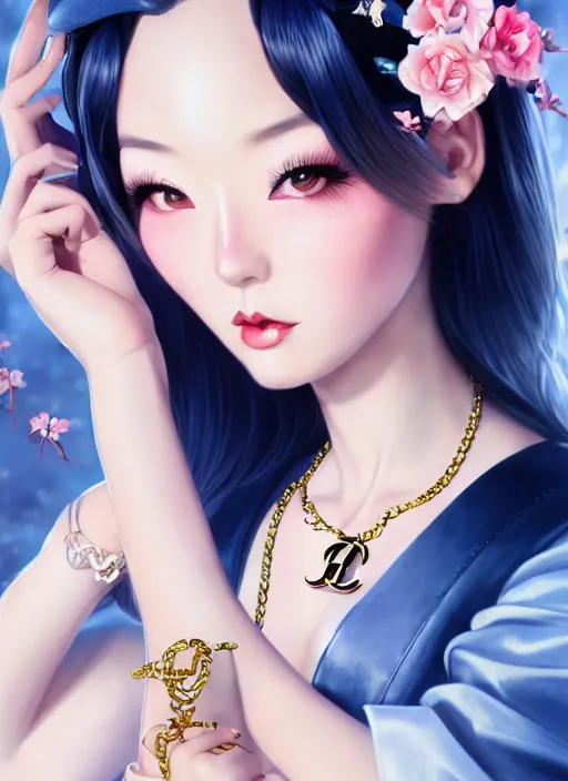 Image similar to a pin up and beautiful fashion dreamlke japan girl with lv jewelry, character art, art by artgerm, wlop, loish, hyperdetailed, 8 k realistic, symmetrical, global illumination, radiant light, frostbite 3 engine, cryengine, dof, trending on artstation, digital art, chanel, dior, detailed background