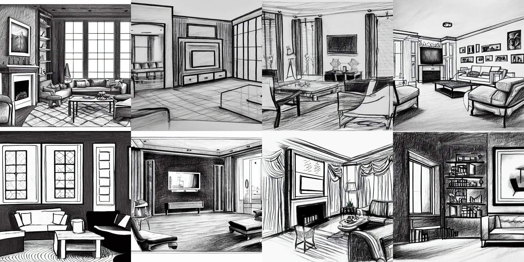 Prompt: a detailed drawing of a living room, black and white drawing.