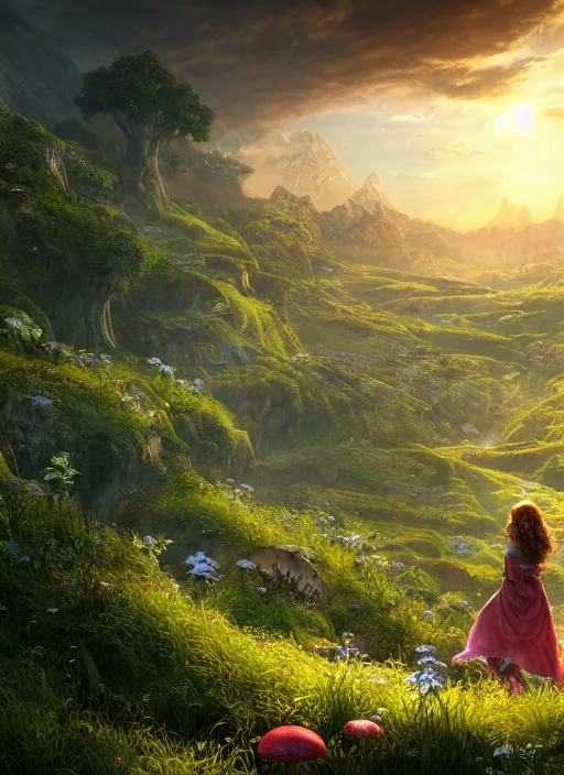 Image similar to a beautiful fairy in the lord of the rings scenery landscape, looking out at a vast lush valley of flowers and mushroom structures, sunrise, god's rays highly detailed, vivid color, cinematic lighting, perfect composition, 8 k, gustave dore, derek zabrocki, greg rutkowski, belsinski, octane render