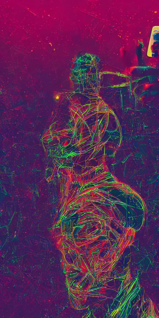 Image similar to man becomes controlled by a smartphone he gazes at while he played like a marionette, puppet, intricate complexity, horror, psychedelic glitch art, rainbow drip paint, trending on art station, photoreal, 8k, octane render