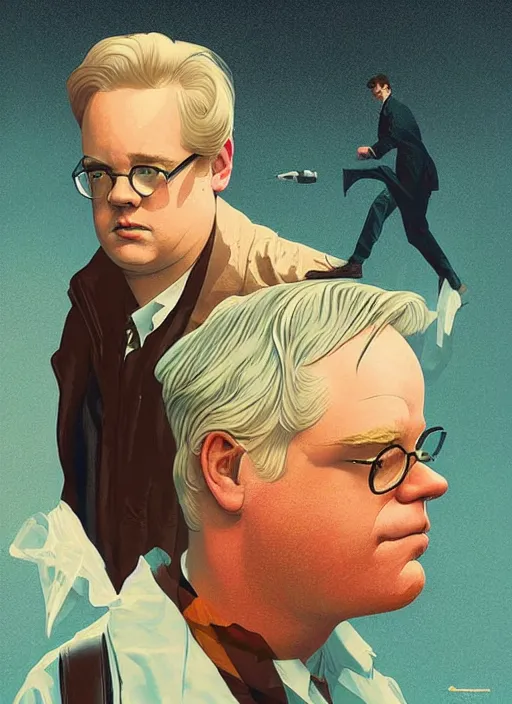 Prompt: poster artwork by Michael Whelan and Tomer Hanuka, Karol Bak of Philip Seymour Hoffman is an airline pilot, from scene from Twin Peaks, clean