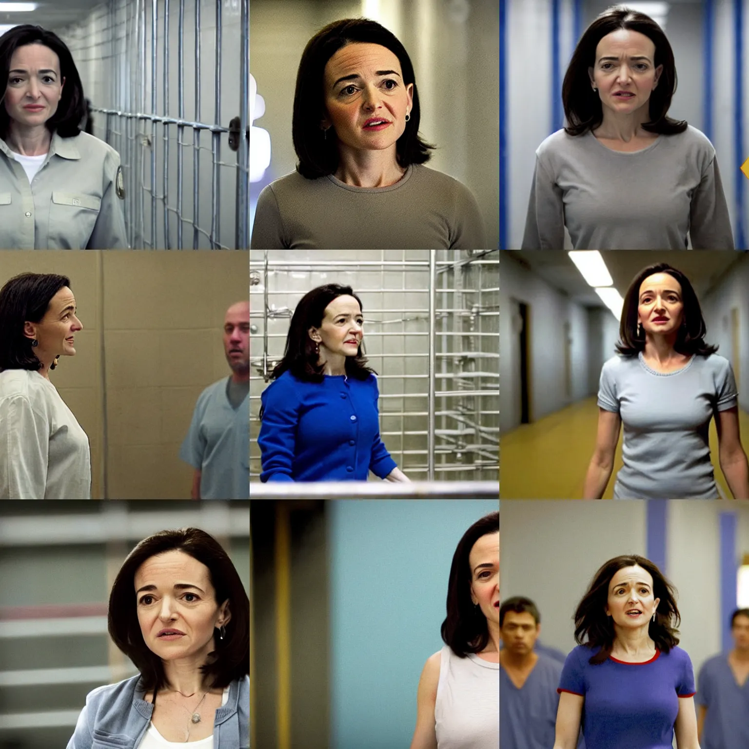 Prompt: Movie still of Sheryl Sandberg in Supermax prison in Facebook The Movie, directed by Ridley Scott