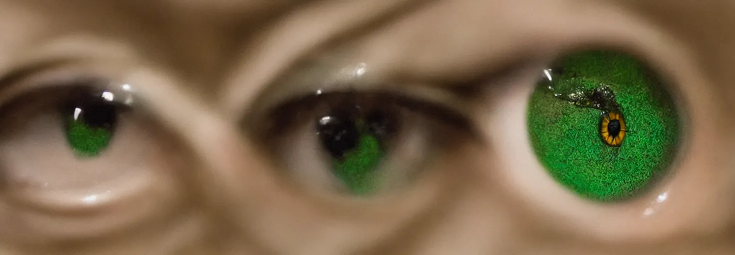 Image similar to close up of a female dead green eye reflecting a female figure holding a pistol