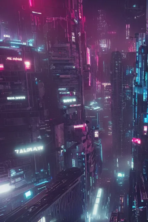 Prompt: an aerial photograph of a futuristic, blade runner city with heavy atmosphere. Flying vehicles. Volumetric light. Rainfall. Dystopic. Evening, neon lights. 8k. Filmic. By Dylan Cole. Highly detailed. Octane render.