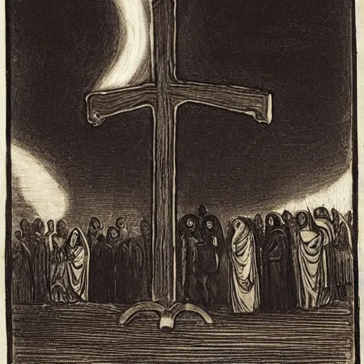 Image similar to A Holy Week procession of four souls in a Spanish landscape at night. A figure at the front holds a cross. By Carl Gustav Carus, Edward Hopper. Symetrical, logo, geometric shapes.