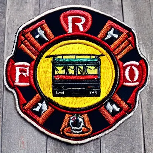 Prompt: fire station embroidered patch retro design