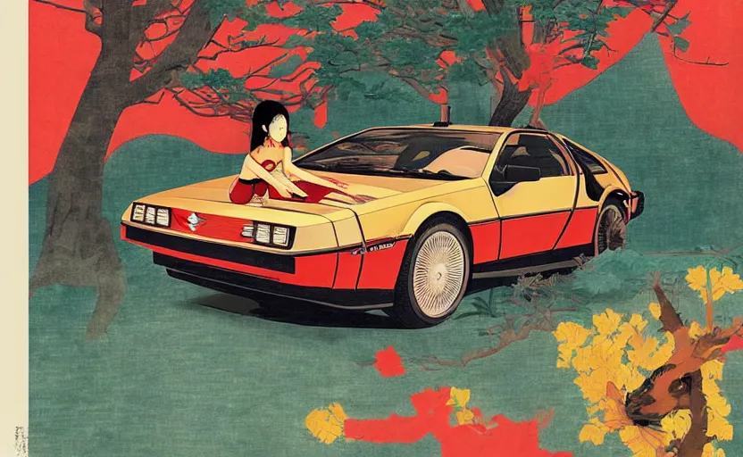 Image similar to a red delorean and a yellow tiger body, painting by hsiao - ron cheng & utagawa kunisada, magazine collage style,