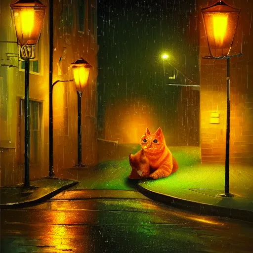 Prompt: a cute orange tabby cat with green on an old street, it is night and raining, street lamps are illuminating the street, moody lighting, peaceful atmosphere, digital art, highly detailed, high contrast, beautiful lighting, award winning, trending on art station, 8 k,