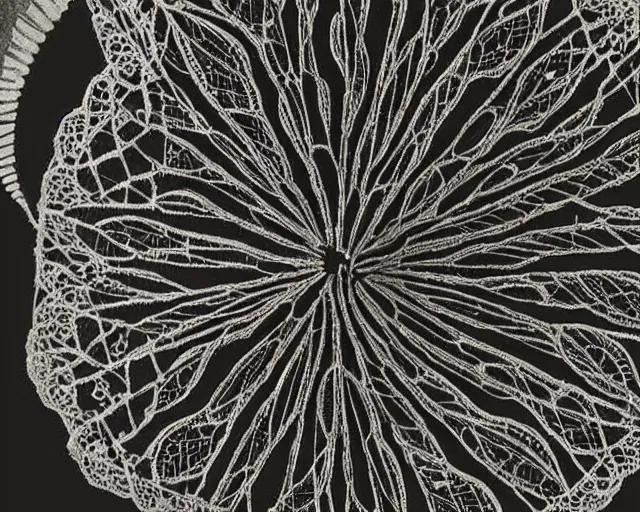 Prompt: extreme close up of a retina, made of intricate decorative lace leaf skeleton, in the style of the dutch masters and gregory crewdson, dark and moody