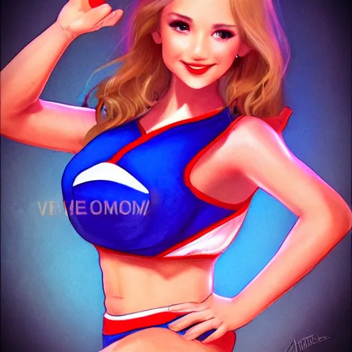 Prompt: very very very beautiful cheerleader, making eye contact, smiling, flirty, perfect body, perfect face, drawn by artgerm