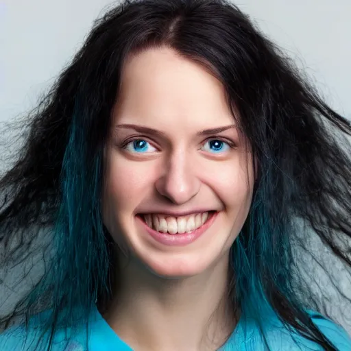 Prompt: mugshot of an smiling beautiful caucasian woman with long black hair, hooked nose, with light blue eyes and pale skin, high definition, 4k