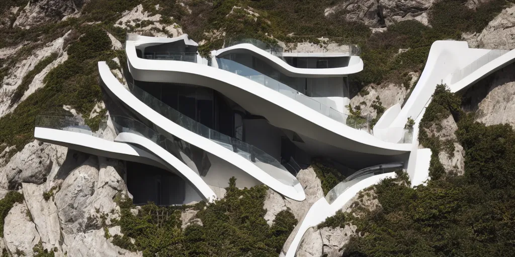 Image similar to architectural photography, modern house on top of a cliff designed by zaha hadid, wonderful masterpiece highly detailed, beautiful cinematic light deep focus, elegant, digital painting, smooth, sharp focus, golden ratio, dramatic illumination, ultra realistic, 8 k, art by artemisia lomi gentileschi and caravaggio