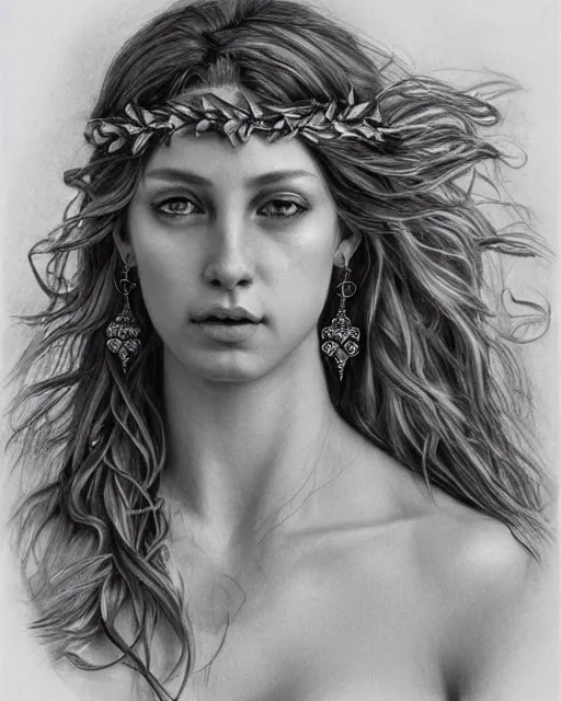 Image similar to pencil drawing of the beautiful greek goddess aphrodite wearing a laurel wreath with arrowhead earrings, piercing eyes, beautiful flowing hair, hyper realistic face, in the style of greg rutkowski, fantasy, amazing detail, epic, elegant, smooth, sharp focus
