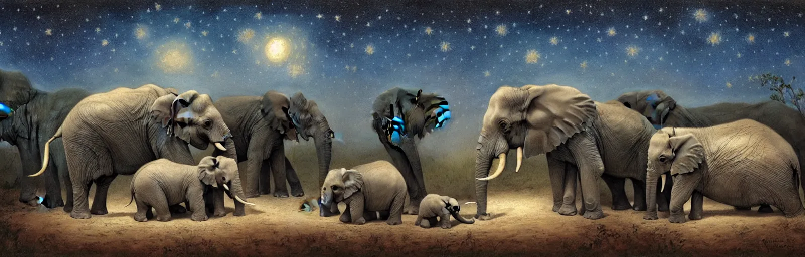 Image similar to two adult elephant and a baby elephant sleeping soundly under a starry sky surrounded by savannah, illustration, detailed, smooth, soft, warm, by Adolf Lachman, Shaun Tan, Surrealism