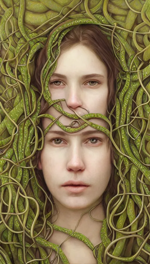 Prompt: very detailed portrait of a 2 0 years old girl surrounded by tentacles, the youg woman visage is blooming from fractal and vines, by alyssa monks