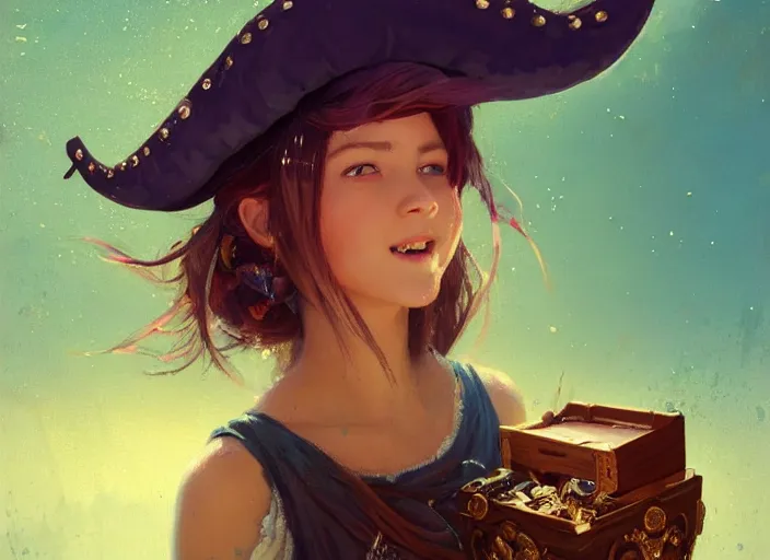 Image similar to full body picture of a pirate girl, looking at the treasure box, hard breathing, messy hair, very excited, smiling, sparkling eyes, magic and fantasy, whale monsters, beautiful and aesthetic and attractive and detailed face, specular reflection, occlusion shadow, intricate, bokeh, masterpiece, by ilya kuvshinov and jeremy lipking and quentin mabille