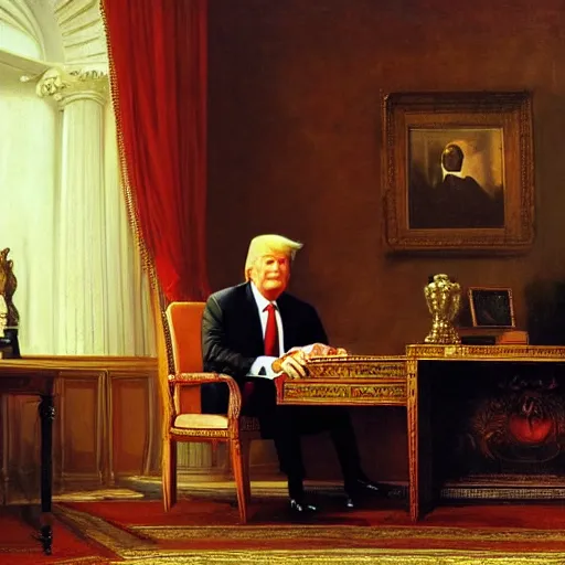 Image similar to donald trump in the oval office, by jean - leon gerome, otto pilny, adrien henri tanoux, giulio rosati, orientalism painting