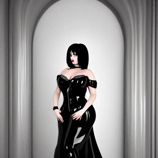 Image similar to curvy feminine goth woman with dignified elaborate tight black-silver nylon and latex ballroom gown, black choker, inviting posture, photorealistic, sublime, 16k, smooth, sharp focus, cgsociety, ArtStation, volumetric lighting