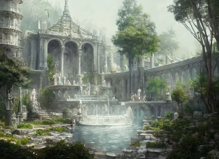 Prompt: A hot spring in a beautiful elven city made of white marble, anime, lush trees, fountain, a fantasy digital painting by Greg Rutkowski and James Gurney, trending on Artstation, highly detailed