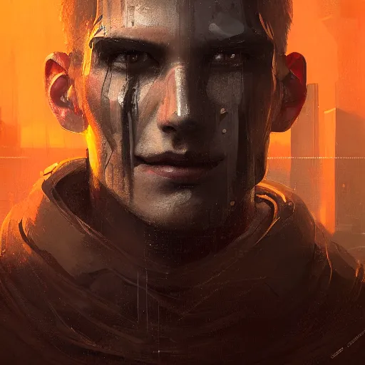 Prompt: Portrait of a man by Greg Rutkowski, symmetrical face, an young man with a VR Heaset above his eyes, Kubric Stare, cold, twisted and sinister smile, highly detailed portrait, scifi, digital painting, artstation, book cover, cyberpunk, concept art, smooth, sharp foccus ilustration, Artstation HQ