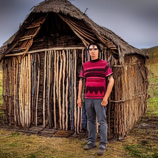 Image similar to a man standing in front of a hut made of skulls, photo, detailed, 4k