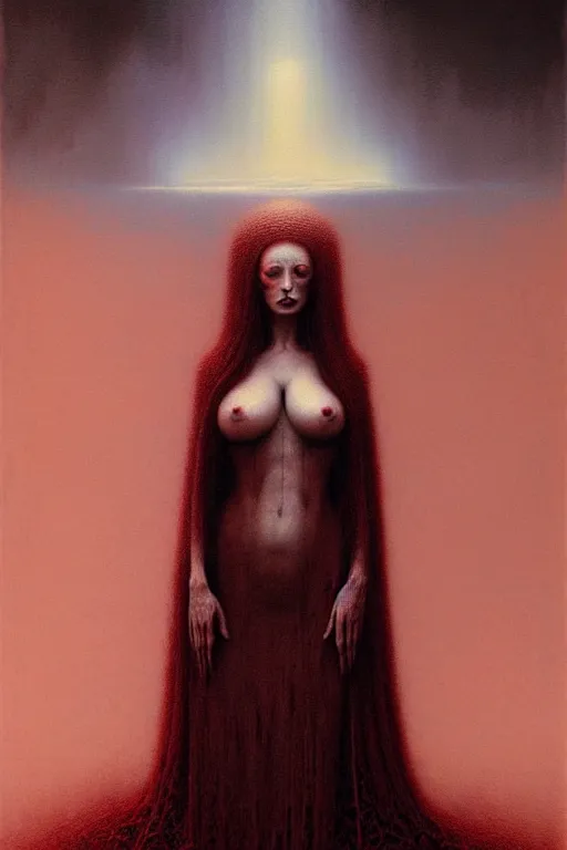 Image similar to full body portrait of christina hendricks, by zdzislaw beksinski, by dariusz zawadzki, by wayne barlowe, gothic, surrealism, cosmic horror, lovecraftian, cold hue's, warm tone gradient background, concept art, beautiful composition